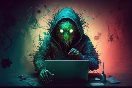 Scary computer hacker with a laptop in his hands. cybercrime conceptの写真素材