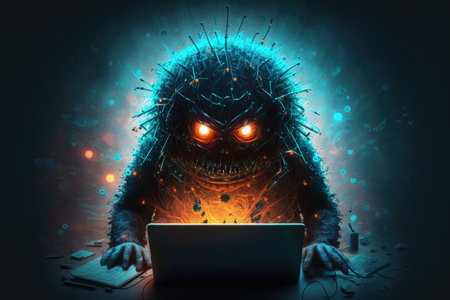 Hacker with laptop and virus concept on dark backgroundの写真素材