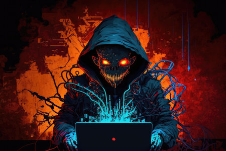 Digital illustration of a computer virus attack with a hood on a dark background