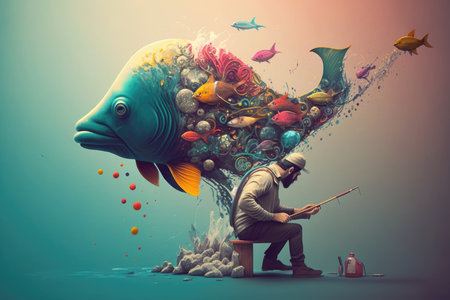 Fishing concept with a big fish and a man holding a fishing rodの写真素材