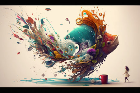 Colorful fish with a girl on a white backgroundの写真素材