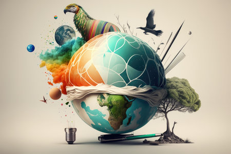 Globe with planet earth and many colorful splashesの写真素材