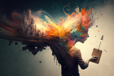 Young man with paint splashes and cityscape in the backgroundの写真素材