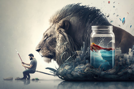 Man fishing with a big lion and goldfish in the glass jarの写真素材