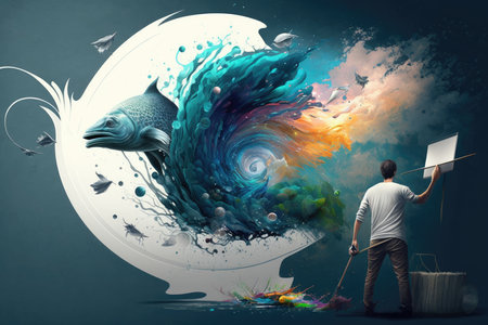 Young man fishing with a rod in the ocean with a big fishの写真素材