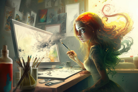 Beautiful young woman painting in her studioの写真素材