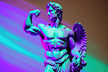 Statue of a muscular man on a background of colored lightsの写真素材