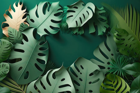 Tropical leaves on green backgroundの写真素材