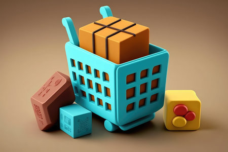 Shopping basket with boxes and cubesの写真素材