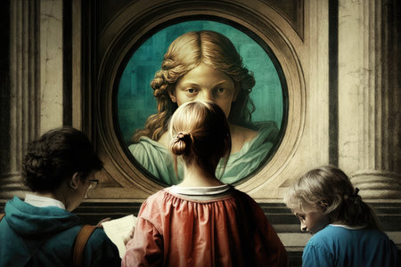 Children looking at a statue of the Virgin Mary in London, UKの写真素材