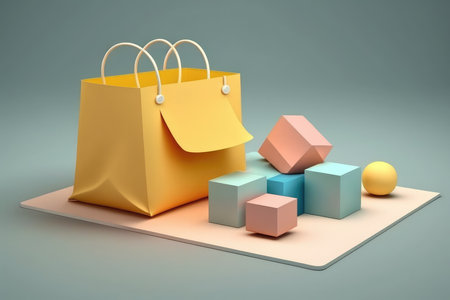 Shopping bags and cubes on a gray backgroundの写真素材