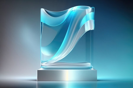 3d render of glass trophy with blue wavy lines on dark backgroundの写真素材