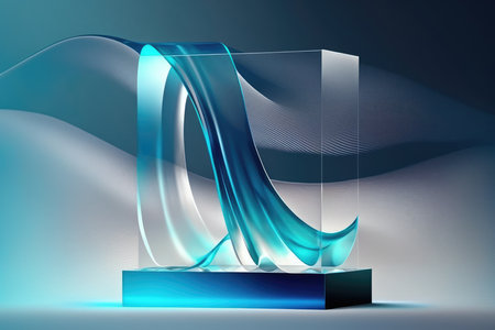 3d render, abstract background, blue wave, empty podium for product displayの写真素材
