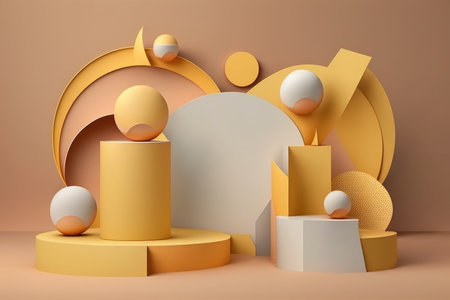 Abstract 3d render of geometric shapes. Minimal scene with podiums and round shapes.