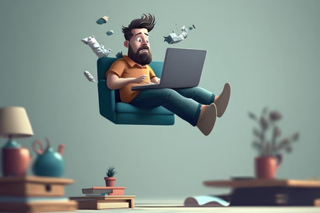 A hipster guy sitting in an armchair with a laptop in his hands, 3d illustrationの写真素材