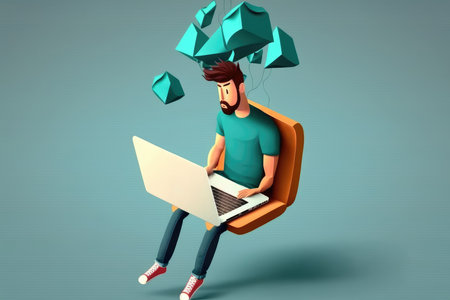 3D illustration of a man sitting in a chair with a laptopの写真素材