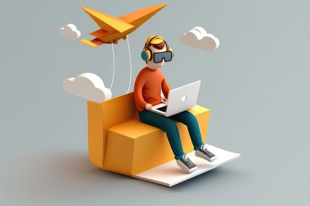 3d illustration of man wearing virtual reality glasses sitting on cube with laptopの写真素材