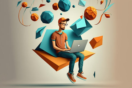 Young man sitting on a cube and using a laptopの写真素材