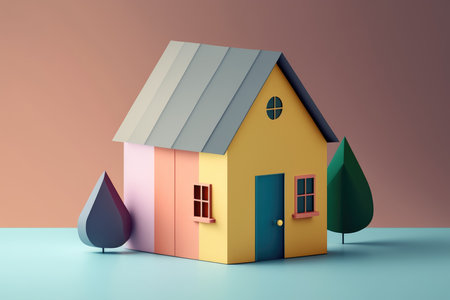 Colorful house with tree and leaf in pastel colorsの写真素材