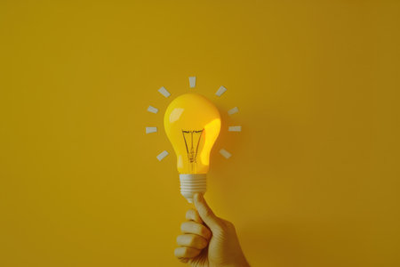 Yellow light bulb in hand on yellow background. creative idea concept.の写真素材