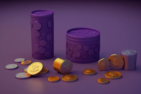 Poker chips and coins on a purple background. 3d renderingの写真素材