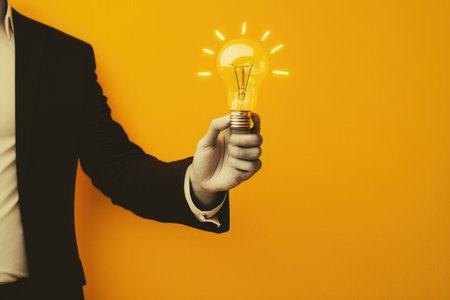 Businessman holding a yellow light bulb on a yellow background with copy spaceの写真素材