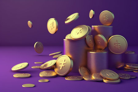 Gold coins on purple background. 3d illustrationの写真素材