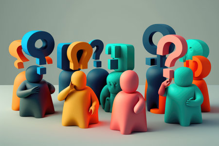 Group of people with question marks, 3d render illustration, square imageの写真素材