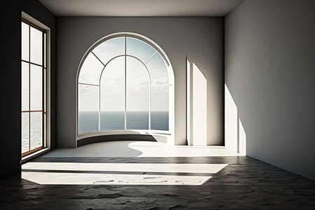 Empty room with sea view, window and sunlightの写真素材