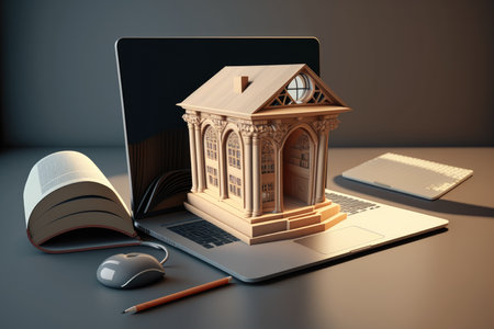 Laptop with book and house on table. 3D rendering.の写真素材