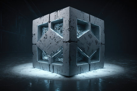 3d rendering of a cube in a dark room with light effectsの写真素材