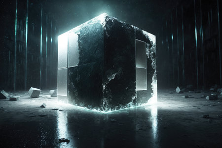 Futuristic black and white 3D rendering cube with glowing lightsの写真素材