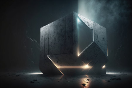 Futuristic concrete cube in dark room with glowing lights. 3D renderingの写真素材
