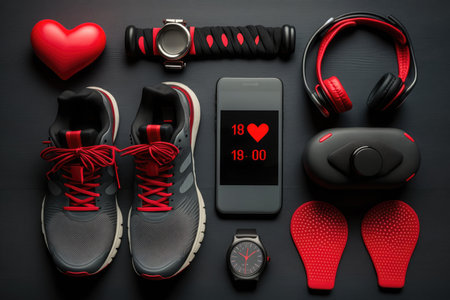 Fitness equipment on black background. Sneakers, smart watch, headphones, dumbbells and heart. top view.の写真素材