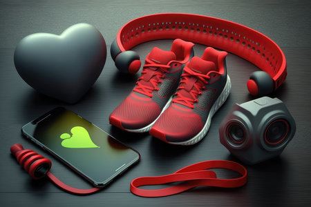 Fitness and healthy lifestyle concept. Sneakers, headphones, smart phone and heart on black background.の写真素材