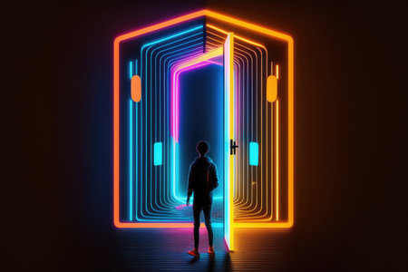 Businessman standing in front of glowing door. success concept. 3D Renderingの写真素材