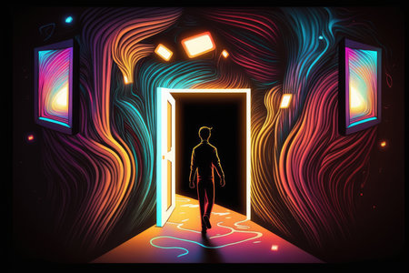 Illustration of a man coming out of an open door with glowing lightsの写真素材
