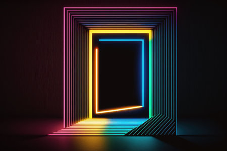 3d rendering, glowing neon frame in dark room, abstract backgroundの写真素材