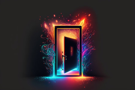 illustration of open door with glowing neon lightの写真素材