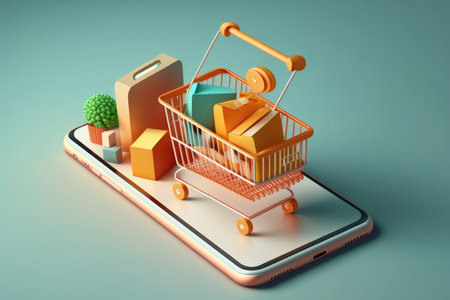 Smartphone with shopping cart on the screen. 3d illustration.の写真素材