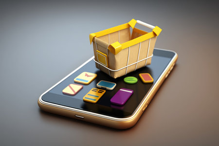 3d illustration of mobile phone with shopping cart and apps on screenの写真素材