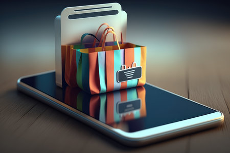 Shopping bags on a smart phone. 3D illustration. vintage style.の写真素材