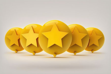 Five yellow balloons with stars in a row. 3D rendering.の写真素材