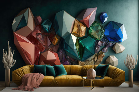 Interior of modern living room with yellow sofa, coffee table and colorful geometric shapes