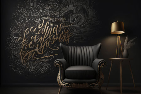 Black armchair with hand drawn calligraphic text on the wallの写真素材