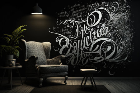 Comfortable armchair in living room with hand drawn lettering.の写真素材