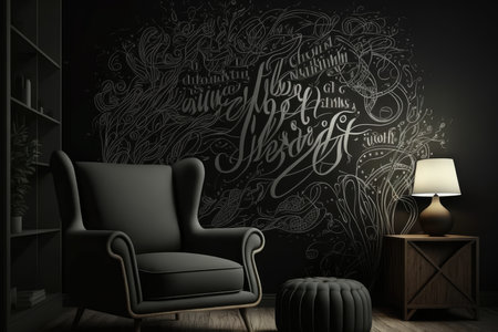 Modern living room interior with black armchair, lamp and hand drawn letteringの写真素材