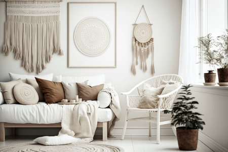 Modern living room interior with sofa, armchair, pillows and postersの写真素材
