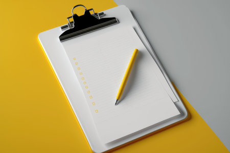Clipboard with blank paper and pencil on yellow and gray backgroundの写真素材