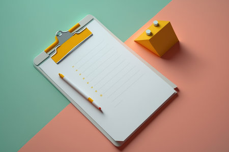Notebook and house model on color backgroundの写真素材